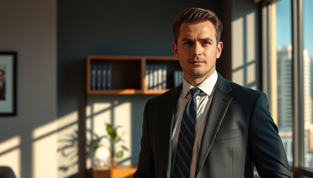 A professionally dressed man in a suit and tie, standing confidently in a modern law office. Warm, directional lighting casts dramatic shadows, highlighting his focused expression. The background features a large window overlooking the Tampa cityscape, with a bookshelf and potted plant visible. The scene conveys a sense of authority, expertise, and the ability to handle complex legal matters with care and precision. A professionally dressed man in a suit and tie, standing confidently in a modern law office. Warm, directional lighting casts dramatic shadows, highlighting his focused expression. The background features a large window overlooking the Tampa cityscape, with a bookshelf and potted plant visible. The scene conveys a sense of authority, expertise, and the ability to handle complex legal matters with care and precision.