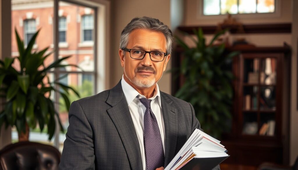 A seasoned motorcycle accident lawyer stands in a well-appointed office, case files in hand, against a backdrop of Savannah's historic architecture and lush greenery. The lighting is warm and inviting, conveying a sense of professionalism and expertise. The lawyer's gaze is focused, suggesting a determined commitment to securing justice for their clients. The composition emphasizes the lawyer's role as a trusted advocate, with the office setting and Savannah scenery serving to establish the context of the legal practice. The overall mood is one of confidence and competence, reflecting the specialized knowledge and experience required to navigate the complexities of motorcycle accident cases.