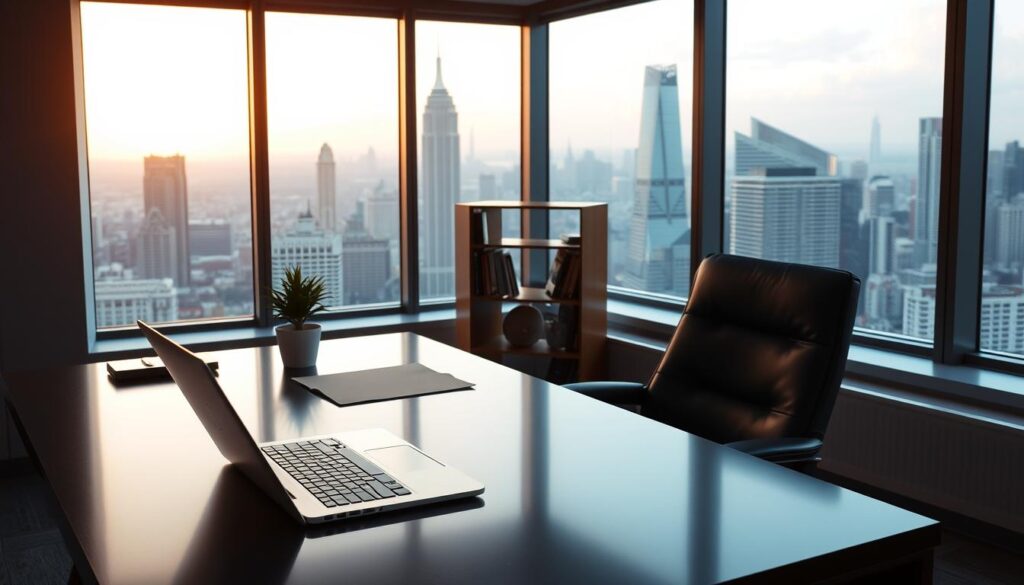 A serene and modern office setting, with a large window overlooking a bustling city skyline. In the foreground, a well-appointed desk with a sleek laptop, a few carefully placed desk accessories, and a single potted plant adding a touch of life. The middle ground features a comfortable leather chair and a minimalist bookshelf, hinting at the intellectual pursuits of the occupant. In the background, the cityscape beyond the window is illuminated by warm, natural light, creating a sense of depth and visual interest. The overall atmosphere is one of professionalism, financial acumen, and a forward-thinking approach to debt relief solutions. A serene and modern office setting, with a large window overlooking a bustling city skyline. In the foreground, a well-appointed desk with a sleek laptop, a few carefully placed desk accessories, and a single potted plant adding a touch of life. The middle ground features a comfortable leather chair and a minimalist bookshelf, hinting at the intellectual pursuits of the occupant. In the background, the cityscape beyond the window is illuminated by warm, natural light, creating a sense of depth and visual interest. The overall atmosphere is one of professionalism, financial acumen, and a forward-thinking approach to debt relief solutions.