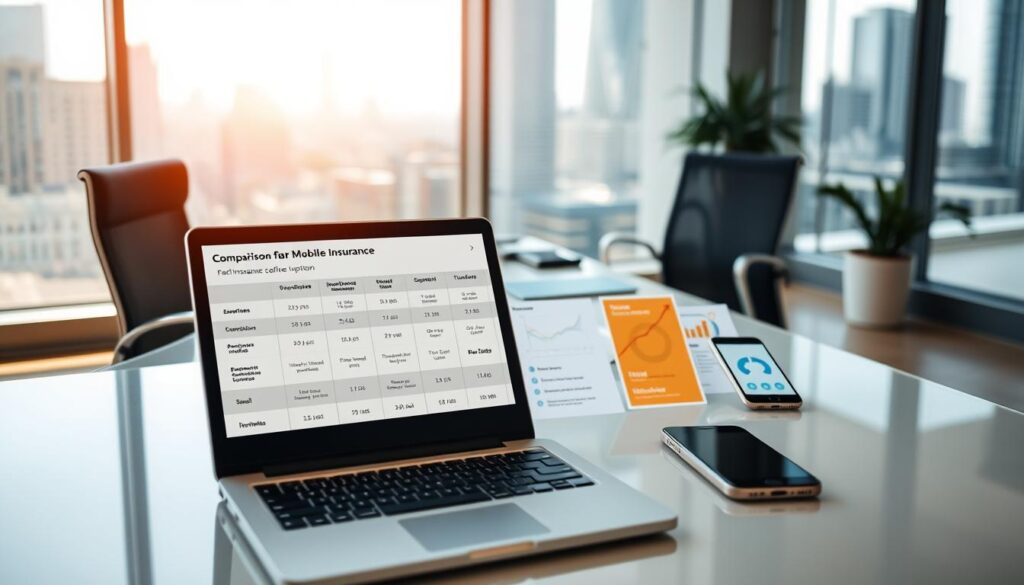 A serene, modern office setting with a large desk and ergonomic chair. On the desk, various mobile devices are displayed, each showcasing an insurance plan. The foreground features an open laptop screen, displaying a comparison table of mobile insurance options. The middle ground includes informative infographics and charts, highlighting the key features and benefits of each plan. The background depicts a large window with a cityscape view, bathed in soft, natural lighting. The overall atmosphere conveys a sense of professionalism, clarity, and informed decision-making. A serene, modern office setting with a large desk and ergonomic chair. On the desk, various mobile devices are displayed, each showcasing an insurance plan. The foreground features an open laptop screen, displaying a comparison table of mobile insurance options. The middle ground includes informative infographics and charts, highlighting the key features and benefits of each plan. The background depicts a large window with a cityscape view, bathed in soft, natural lighting. The overall atmosphere conveys a sense of professionalism, clarity, and informed decision-making.