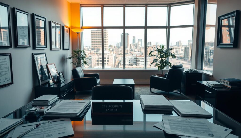 A serene office interior, with a large window overlooking the bustling streets of New Bedford, MA. In the foreground, a well-appointed desk with a nameplate that reads &amp;amp;amp;amp;amp;amp;amp;quot;Car Accident Lawyer&amp;amp;amp;amp;amp;amp;amp;quot; and an array of legal documents and files. The lighting is warm and inviting, creating a sense of professionalism and expertise. On the walls, framed accolades and certifications highlight the lawyer's experience and qualifications. The middle ground features comfortable client seating, conveying a welcoming atmosphere. In the background, the city skyline is visible, subtly suggesting the lawyer's deep connection to the local community. The overall mood is one of trust, competence, and a commitment to providing exceptional legal representation for those affected by car accidents.