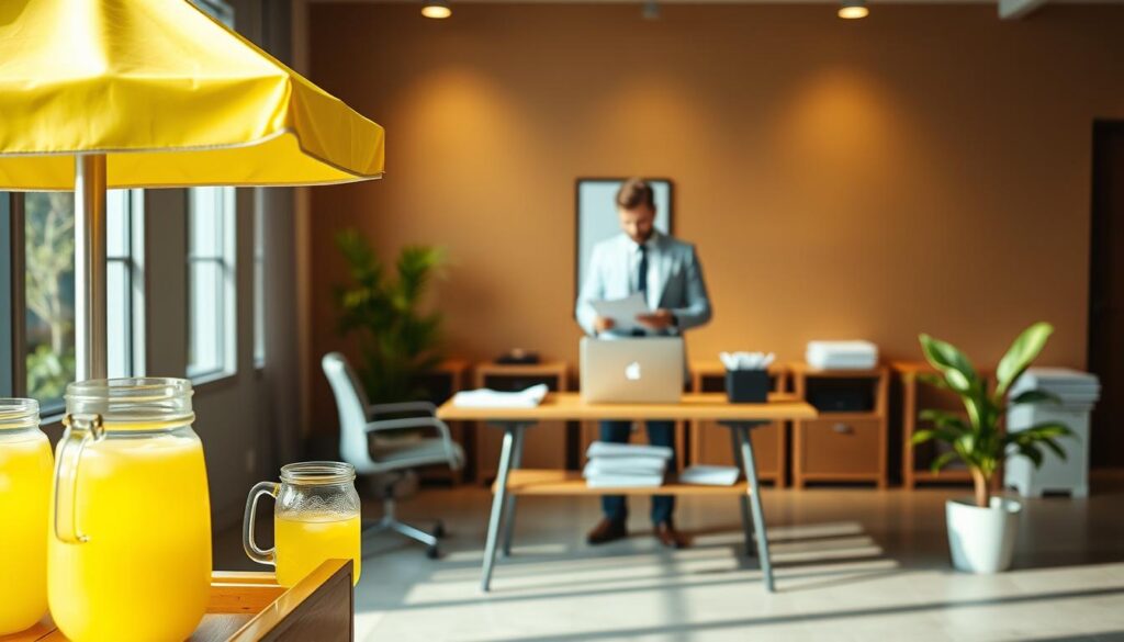 A serene office interior with a prominent lemonade stand in the foreground, its vibrant yellow canopy and refreshing glass pitchers catching the eye. In the middle ground, a professional-looking business executive examines documents, representing the insurance coverage aspect. The background features a clean, modern desk setup with a laptop, stacks of files, and a potted plant, all bathed in warm, diffused lighting to create a welcoming, professional atmosphere. The overall scene conveys the idea of a well-rounded lemonade insurance service, blending the refreshing, entrepreneurial spirit of the lemonade stand with the reliable, comprehensive coverage of a reputable insurance provider. A serene office interior with a prominent lemonade stand in the foreground, its vibrant yellow canopy and refreshing glass pitchers catching the eye. In the middle ground, a professional-looking business executive examines documents, representing the insurance coverage aspect. The background features a clean, modern desk setup with a laptop, stacks of files, and a potted plant, all bathed in warm, diffused lighting to create a welcoming, professional atmosphere. The overall scene conveys the idea of a well-rounded lemonade insurance service, blending the refreshing, entrepreneurial spirit of the lemonade stand with the reliable, comprehensive coverage of a reputable insurance provider.