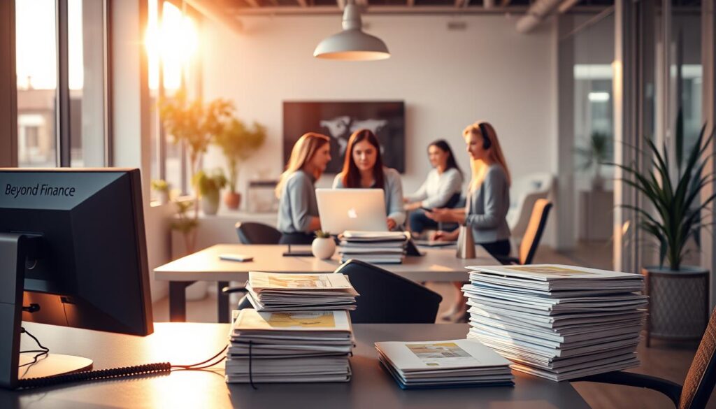 A serene office setting with a well-appointed customer support desk in the foreground, bathed in warm, soft lighting. The desk features a computer monitor, telephone, and a stack of organized files, conveying a sense of professional efficiency. In the middle ground, a team of attentive customer service representatives assist clients, their expressions calm and reassuring. The background showcases a modern, minimalist decor with clean lines, subtle accent pieces, and large windows that allow natural light to flood the space, creating an atmosphere of openness and transparency. The overall scene evokes a feeling of trust, reliability, and a commitment to providing exceptional support resources for &amp;amp;amp;amp;amp;quot;Beyond Finance&amp;amp;amp;amp;amp;quot; customers.