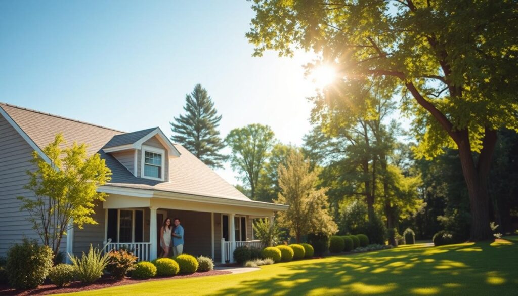 A serene, sun-dappled suburban home nestled among lush greenery, its roof and exterior gleaming with protective shingles and siding. In the foreground, a young family gathers on the porch, their faces reflecting a sense of security and contentment. The middle ground showcases a well-manicured lawn, while the background features towering trees and a clear, blue sky. Warm, soft lighting illuminates the scene, conveying a feeling of comfort and reassurance. This image represents the essential role that comprehensive homeowners insurance plays in safeguarding one's most valuable investment - the family home.