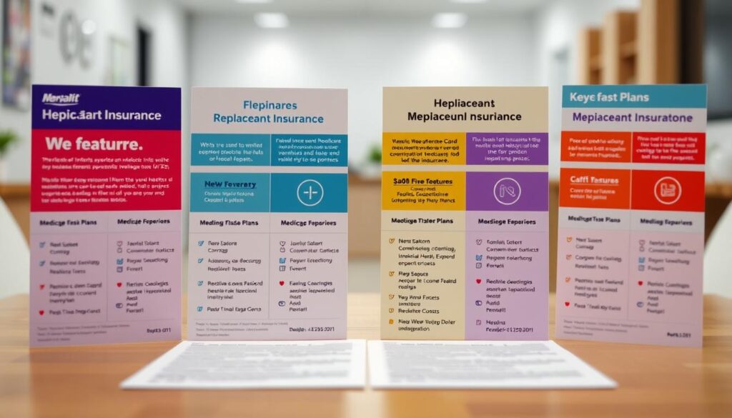 A side-by-side comparison of Medicare replacement insurance plans, showcasing their key features. The foreground displays sleek, colorful plan cards with detailed information about coverage, costs, and benefits. The middle ground features a neatly organized table highlighting the plan details. The background depicts a soft, blurred healthcare-themed environment, creating a professional and informative atmosphere. The lighting is crisp and evenly distributed, allowing the plan details to stand out. The camera angle is slightly elevated, providing a comprehensive view of the comparison layout. A side-by-side comparison of Medicare replacement insurance plans, showcasing their key features. The foreground displays sleek, colorful plan cards with detailed information about coverage, costs, and benefits. The middle ground features a neatly organized table highlighting the plan details. The background depicts a soft, blurred healthcare-themed environment, creating a professional and informative atmosphere. The lighting is crisp and evenly distributed, allowing the plan details to stand out. The camera angle is slightly elevated, providing a comprehensive view of the comparison layout.