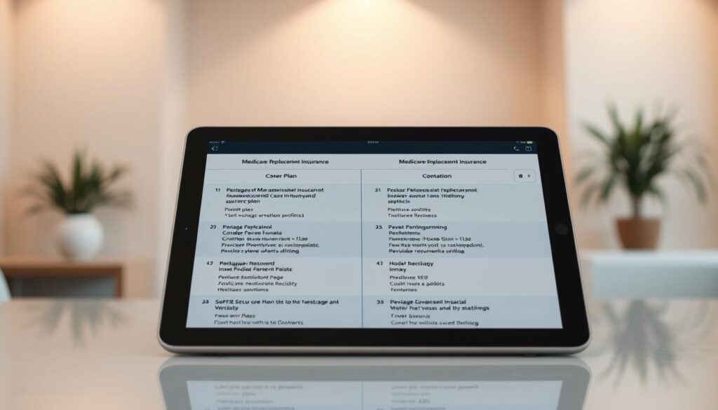 A side-by-side comparison of various Medicare replacement insurance plan options, displayed on a sleek and modern tablet device. The foreground features detailed plan information, including coverage, costs, and provider networks, presented in a clean and intuitive user interface. The middle ground showcases the tablet in a well-lit setting, with subtle reflections and a slightly blurred background. The background depicts a soothing, minimalist office environment, with a soft, warm lighting that creates a sense of professionalism and trustworthiness. The overall mood is one of clarity, efficiency, and confidence in navigating the complex world of Medicare replacement insurance. A side-by-side comparison of various Medicare replacement insurance plan options, displayed on a sleek and modern tablet device. The foreground features detailed plan information, including coverage, costs, and provider networks, presented in a clean and intuitive user interface. The middle ground showcases the tablet in a well-lit setting, with subtle reflections and a slightly blurred background. The background depicts a soothing, minimalist office environment, with a soft, warm lighting that creates a sense of professionalism and trustworthiness. The overall mood is one of clarity, efficiency, and confidence in navigating the complex world of Medicare replacement insurance.