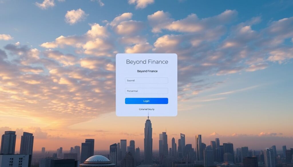 A sleek, minimalist login page for the Beyond Finance platform stands prominently against a serene, cloud-dotted sky. The interface features a clean, modern design with intuitive user controls, subtle gradients, and well-spaced elements. A centered login form invites the user, its fields and buttons highlighted with a soft glow. The page is bathed in a warm, golden light, creating a sense of security and trustworthiness. In the background, a city skyline with futuristic architecture hints at the advanced financial services offered by Beyond Finance. The overall atmosphere conveys a seamless, user-centric experience for securely accessing one's financial accounts.