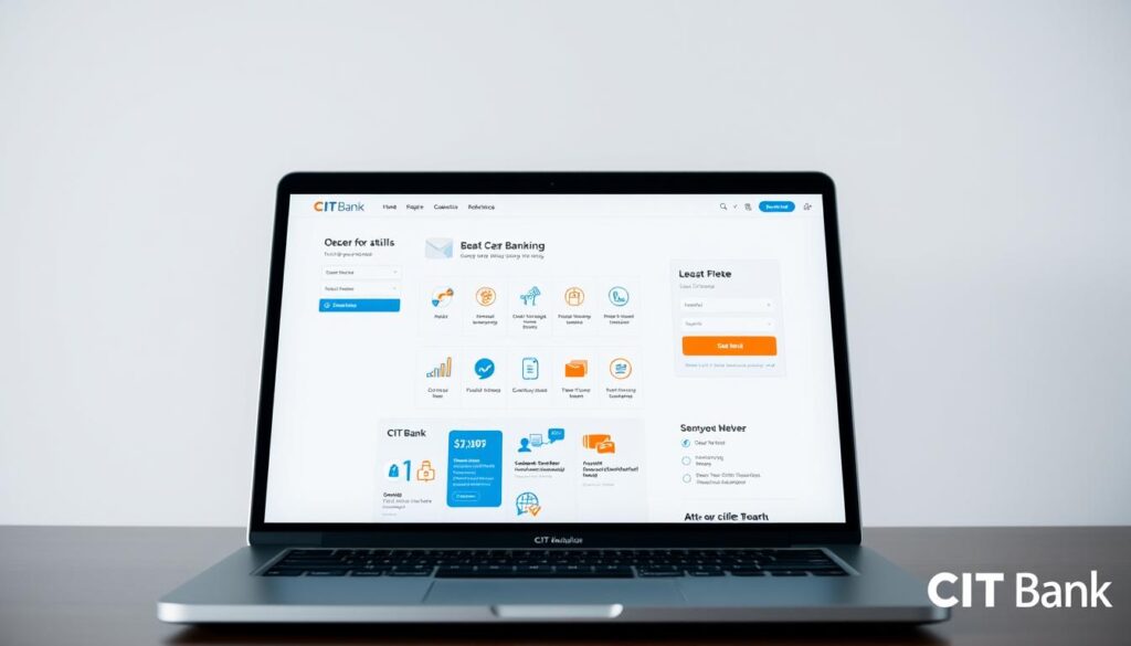 A sleek, modern web interface showcasing the advanced online banking services of CIT Bank. In the foreground, a laptop display depicts a clean, user-friendly dashboard with intuitive navigation and secure login options. The middle ground features an array of banking icons and graphics, highlighting the bank's comprehensive suite of digital tools for account management, fund transfers, and mobile accessibility. The background subtly conveys a sense of trust and stability, with muted tones and a subtle CIT Bank logo watermark. Crisp, even lighting and a slightly high camera angle create a professional, authoritative atmosphere, reflecting the reliable and innovative nature of CIT Bank's online banking experience.