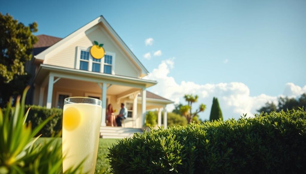 A stunning home surrounded by lush greenery, with the Lemonade logo prominently displayed on the facade. In the foreground, a family relaxing on the porch, enjoying a refreshing glass of lemonade, symbolizing the benefits of Lemonade's affordable and reliable home insurance coverage. The mid-ground features a well-manicured lawn and a neatly trimmed hedge, conveying a sense of order and security. The background showcases a clear blue sky with fluffy white clouds, creating a serene and calming atmosphere. The lighting is warm and natural, casting a gentle glow over the scene, emphasizing the comfort and peace of mind that Lemonade's home insurance provides.