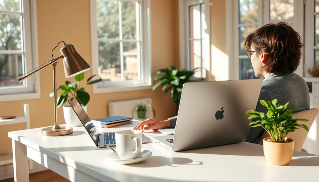 A sunny home office setting with a person sitting at a desk and comparing insurance quotes online on a laptop screen. The desk is clean and organized, with a tasteful desk lamp, a cup of coffee, and a potted plant adding natural elements. The walls are a warm neutral color, and large windows allow natural light to fill the space. The atmosphere is one of efficiency and productivity, with a touch of relaxation. The camera angle is slightly elevated, giving a clear view of the laptop screen and the person's focused expression as they navigate the insurance comparison process. A sunny home office setting with a person sitting at a desk and comparing insurance quotes online on a laptop screen. The desk is clean and organized, with a tasteful desk lamp, a cup of coffee, and a potted plant adding natural elements. The walls are a warm neutral color, and large windows allow natural light to fill the space. The atmosphere is one of efficiency and productivity, with a touch of relaxation. The camera angle is slightly elevated, giving a clear view of the laptop screen and the person's focused expression as they navigate the insurance comparison process.