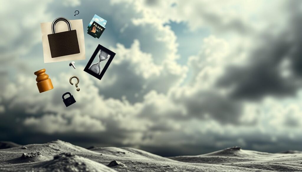 A surreal, abstract scene depicting common life insurance myths. In the foreground, a collage of symbolic icons - a padlock, a hourglass, a question mark - floating above a distorted, dreamlike landscape. The middle ground features a surreal, ethereal skyscape with swirling clouds and fractured, geometric shapes. The background is a blurred, indistinct expanse, evoking a sense of uncertainty and the unknown. The lighting is soft, diffused, creating an atmospheric, contemplative mood. The overall composition conveys the elusive, complex nature of life insurance myths, inviting the viewer to explore and question their preconceptions.