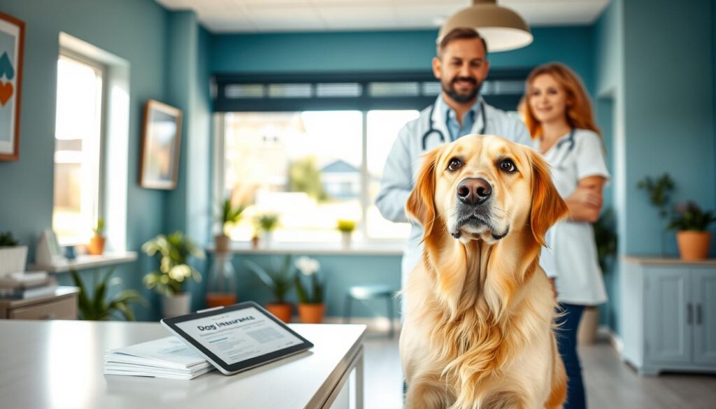 A veterinarian's office with a warm, inviting atmosphere. In the foreground, a friendly golden retriever sits attentively, its coat gleaming under the soft, natural lighting. On the desk, a stack of dog insurance documents and a tablet displaying policy details. In the middle ground, a caring veterinarian discusses coverage options with the dog's owner, their expressions conveying the importance of protecting the pet's well-being. The background features calming blue-green walls, potted plants, and a window overlooking a tranquil suburban neighborhood, creating a sense of comfort and security.