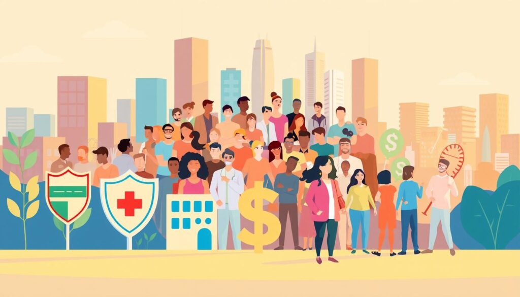 A vibrant illustration showcasing a range of health insurance options. In the foreground, several icons representing different plans - a shield for comprehensive coverage, a hospital for hospitalization, a dollar sign for cost-effective options. In the middle ground, a collage of people from diverse backgrounds, representing the diverse needs and demographics of healthcare consumers. The background features a cityscape with modern skyscrapers, suggesting the urban setting and availability of options. The lighting is warm and inviting, conveying a sense of accessibility and approachability. The overall composition is dynamic, with a sense of depth and movement, encouraging the viewer to explore the various healthcare solutions on offer.