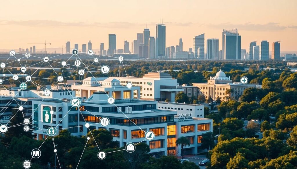 A vibrant network of medical facilities, clinics, and healthcare providers, captured in a dynamic composition. The foreground features a diverse array of icons and symbols representing different specialties, connected by sleek lines and curves, suggesting the interconnectedness of the system. The middle ground showcases modern, state-of-the-art buildings with clean, minimalist architecture, bathed in warm, inviting lighting. In the background, a cityscape with towering skyscrapers and lush greenery, conveying a sense of urban sophistication and ecological awareness. The overall scene projects a sense of trust, reliability, and comprehensive coverage, perfectly complementing the &amp;amp;amp;amp;amp;amp;quot;Choosing the Right Health Insurance Plan&amp;amp;amp;amp;amp;amp;quot; section of the article.