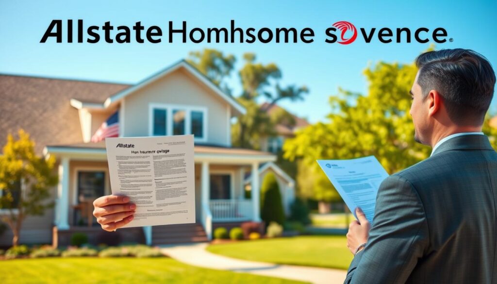 A vibrant, photorealistic image of Allstate home insurance coverage. In the foreground, a modern, well-appointed home with a welcoming porch and lush landscaping. The middle ground features an Allstate agent in a smart suit, presenting a detailed insurance policy document. In the background, a serene, sun-dappled neighborhood with verdant trees and a clear blue sky. The lighting is warm and inviting, creating a sense of comfort and security. The overall composition conveys the comprehensive protection and peace of mind offered by Allstate's home insurance products.