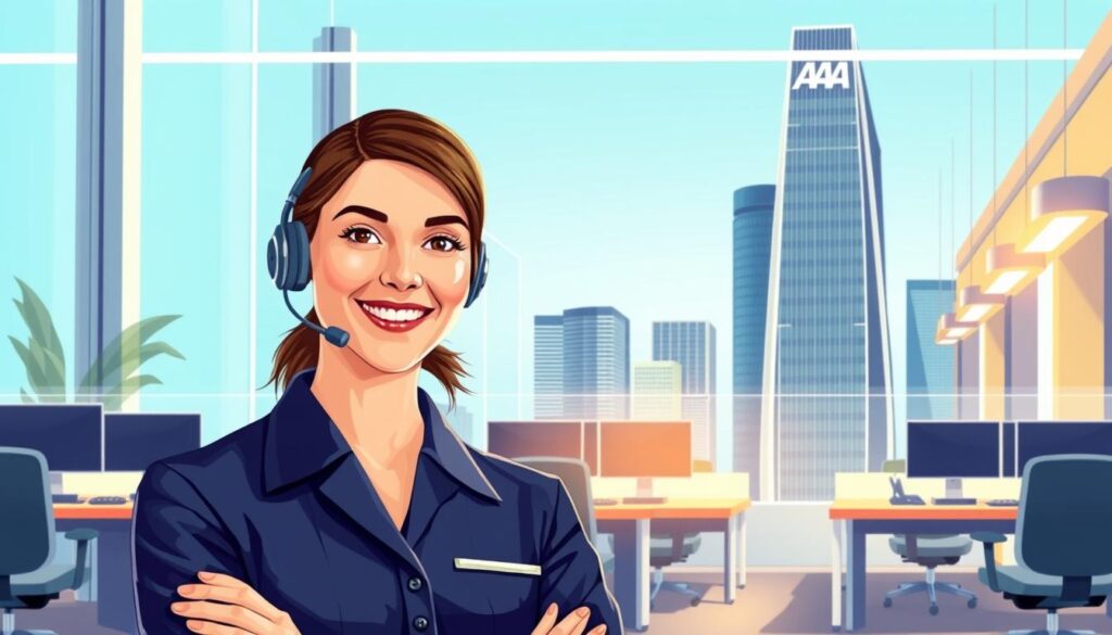 A vibrant, well-lit illustration showcasing the AAA Insurance helpline. In the foreground, a professional customer service agent dressed in a crisp, navy blue uniform greets the viewer with a warm, friendly expression, ready to assist. The middle ground features a sleek, modern office environment with ergonomic workstations and state-of-the-art communication equipment. In the background, a towering skyscraper with the AAA logo prominently displayed, conveying the company's size, stability, and reputation for excellence. The overall scene exudes a sense of professionalism, efficiency, and a commitment to providing exceptional customer service. A vibrant, well-lit illustration showcasing the AAA Insurance helpline. In the foreground, a professional customer service agent dressed in a crisp, navy blue uniform greets the viewer with a warm, friendly expression, ready to assist. The middle ground features a sleek, modern office environment with ergonomic workstations and state-of-the-art communication equipment. In the background, a towering skyscraper with the AAA logo prominently displayed, conveying the company's size, stability, and reputation for excellence. The overall scene exudes a sense of professionalism, efficiency, and a commitment to providing exceptional customer service.
