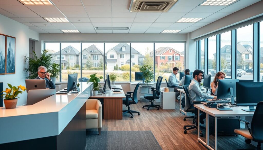 A warm and inviting real estate office interior, with a team of friendly, professional agents fielding calls from clients. The foreground features a modern, well-equipped reception desk with a cozy waiting area. The middle ground showcases an open-concept workspace filled with desks, computers, and employees engaged in productive conversations. The background displays large windows overlooking a picturesque suburban neighborhood, bathed in soft, natural lighting. The overall atmosphere exudes a sense of efficiency, reliability, and customer-centric service, capturing the essence of a successful real estate answering service. A warm and inviting real estate office interior, with a team of friendly, professional agents fielding calls from clients. The foreground features a modern, well-equipped reception desk with a cozy waiting area. The middle ground showcases an open-concept workspace filled with desks, computers, and employees engaged in productive conversations. The background displays large windows overlooking a picturesque suburban neighborhood, bathed in soft, natural lighting. The overall atmosphere exudes a sense of efficiency, reliability, and customer-centric service, capturing the essence of a successful real estate answering service.