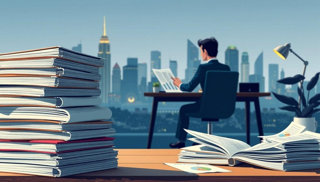 A well-lit, detailed illustration showcasing the concept of financial literacy. In the foreground, a stack of books and documents symbolize the knowledge and resources needed to understand personal finance. In the middle ground, a person sits at a desk, carefully reviewing financial statements and charts. The background features a city skyline, representing the broader economic landscape. The overall mood is one of focus, understanding, and a sense of control over one's financial future. Lighting is soft and warm, creating a welcoming and thoughtful atmosphere. A well-lit, detailed illustration showcasing the concept of financial literacy. In the foreground, a stack of books and documents symbolize the knowledge and resources needed to understand personal finance. In the middle ground, a person sits at a desk, carefully reviewing financial statements and charts. The background features a city skyline, representing the broader economic landscape. The overall mood is one of focus, understanding, and a sense of control over one's financial future. Lighting is soft and warm, creating a welcoming and thoughtful atmosphere.