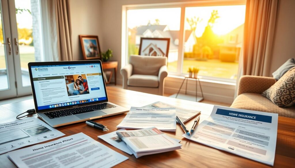 A well-lit living room showcasing various home insurance coverage options. In the foreground, a wooden table displays different insurance policy documents, brochures, and informative pamphlets. On the table, a laptop opens to an insurance company's website, highlighting coverage details. In the middle ground, a comfortable armchair and a framed picture of a family home create a cozy, domestic atmosphere. The background features a large window overlooking a peaceful suburban neighborhood, bathed in warm, golden sunlight. The overall scene conveys a sense of security, knowledge, and informed decision-making about protecting one's most valuable asset - the home.