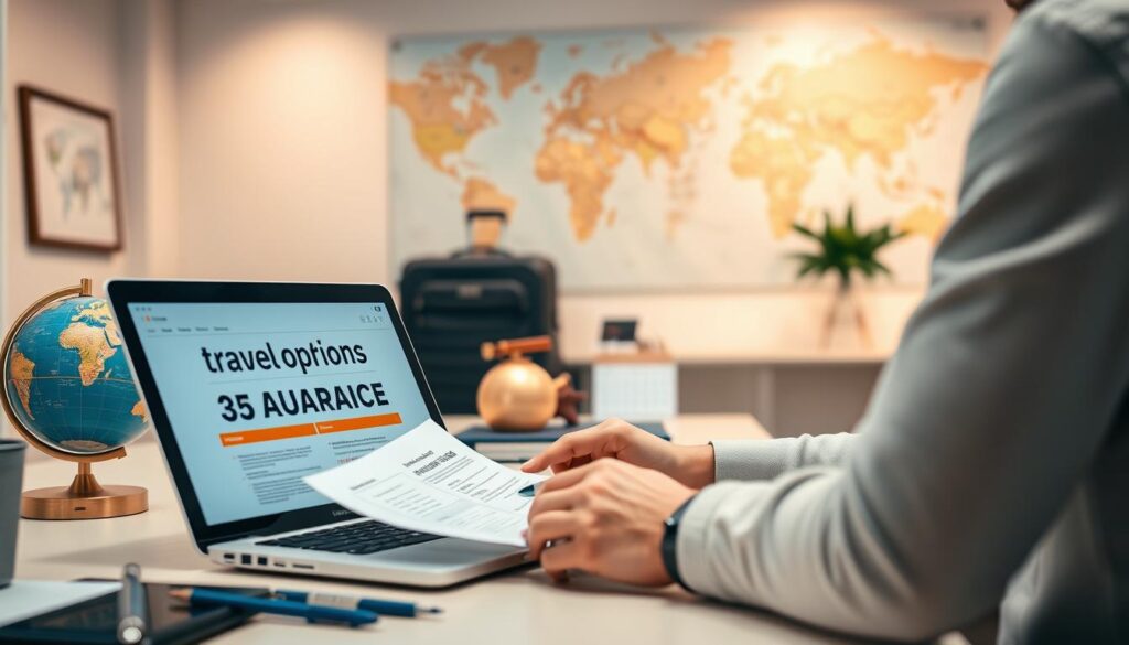 A well-lit, modern office scene with a desk, laptop, and various travel-related items. In the foreground, a person carefully reviewing travel insurance documents and comparing options on the laptop screen. The middle ground features a globe, luggage, and a calendar, symbolizing the planning and preparation process. The background showcases a world map or travel-themed artwork, creating a sense of adventure and exploration. The lighting is warm and inviting, with a clean, minimalist aesthetic that reflects the thoughtful decision-making involved in choosing the right travel insurance.