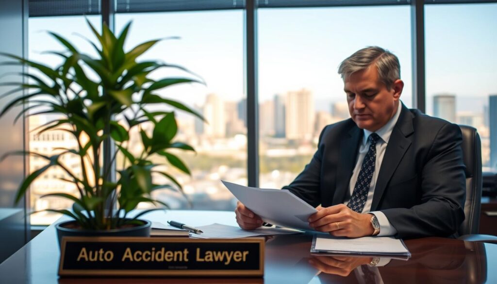 A well-lit office interior with a middle-aged man in a suit sitting at a desk, focused on paperwork. In the foreground, a potted plant and a nameplate that reads &amp;amp;amp;amp;amp;quot;Auto Accident Lawyer&amp;amp;amp;amp;amp;quot;. In the background, a large window overlooking the Denver skyline, with a warm, afternoon glow. The overall atmosphere conveys professionalism, expertise, and the dedication to providing legal representation for auto accident victims.
