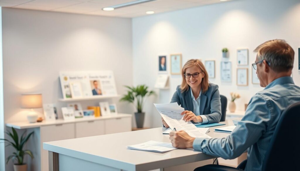 A well-lit office scene depicting the life insurance application process. In the foreground, a person sits at a desk, carefully filling out a form. The middle ground features a friendly insurance agent guiding them through the paperwork. The background showcases informative brochures and certificates, conveying a sense of professionalism and trust. Soft, warm lighting creates a welcoming atmosphere, while a clean, minimalist design reflects the organized nature of the process. The overall scene strikes a balance between efficiency and personalized service, capturing the essence of navigating the life insurance application.