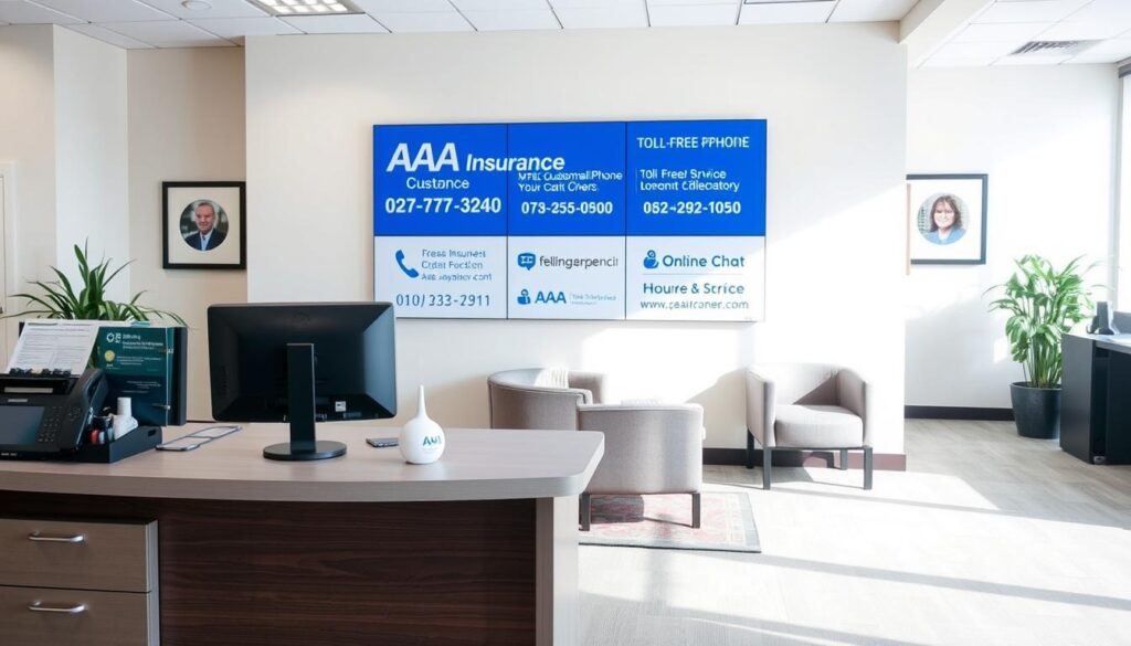 A well-lit office setting with a modern AAA Insurance customer service desk in the foreground. The desk is equipped with a computer, phone, and other office supplies. Behind the desk, a wall-mounted display showcases various customer service contact methods, including a toll-free phone number, email address, and online chat options. The middle ground features a few comfortable chairs and a small waiting area. The background depicts a clean, professional atmosphere with tasteful decor and subdued colors, creating a welcoming and efficient environment for AAA Insurance customers. A well-lit office setting with a modern AAA Insurance customer service desk in the foreground. The desk is equipped with a computer, phone, and other office supplies. Behind the desk, a wall-mounted display showcases various customer service contact methods, including a toll-free phone number, email address, and online chat options. The middle ground features a few comfortable chairs and a small waiting area. The background depicts a clean, professional atmosphere with tasteful decor and subdued colors, creating a welcoming and efficient environment for AAA Insurance customers.
