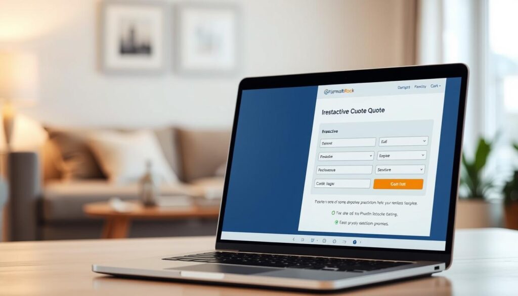 A well-lit, photo-realistic image of the Plymouth Rock renters insurance quote process, captured from a slightly elevated angle. The foreground features an open laptop with an interactive quote form displayed, showcasing a clean and intuitive user interface. The middle ground depicts a cozy, modern living room setting, with a comfortable couch and a potted plant, creating a sense of domestic tranquility. The background subtly blurs, drawing the viewer's attention to the focused quote process in the center. The overall mood is one of ease and simplicity, reflecting the accessible nature of the Plymouth Rock renters insurance service. A well-lit, photo-realistic image of the Plymouth Rock renters insurance quote process, captured from a slightly elevated angle. The foreground features an open laptop with an interactive quote form displayed, showcasing a clean and intuitive user interface. The middle ground depicts a cozy, modern living room setting, with a comfortable couch and a potted plant, creating a sense of domestic tranquility. The background subtly blurs, drawing the viewer's attention to the focused quote process in the center. The overall mood is one of ease and simplicity, reflecting the accessible nature of the Plymouth Rock renters insurance service.