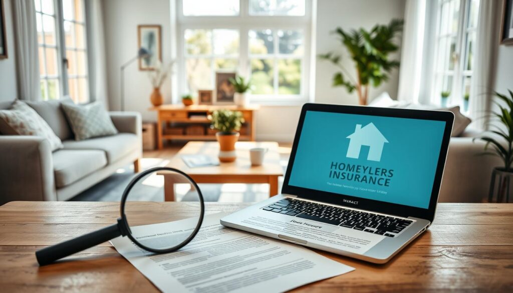 An airy living room with sunlight streaming through large windows, showcasing the essentials of homeowners insurance: a cozy couch, a sturdy oak table, and a potted plant symbolizing the protection of a family's most valuable asset - their home. In the foreground, a magnifying glass and documents carefully laid out, representing the careful examination of policy details. The middle ground features a laptop displaying an insurance policy, emphasizing the importance of understanding coverage. In the background, a stylized house icon and an abstract graph, conveying the financial security and peace of mind that homeowners insurance provides. The scene is captured with a crisp, documentary-style lens, conveying a sense of professionalism and attention to detail.