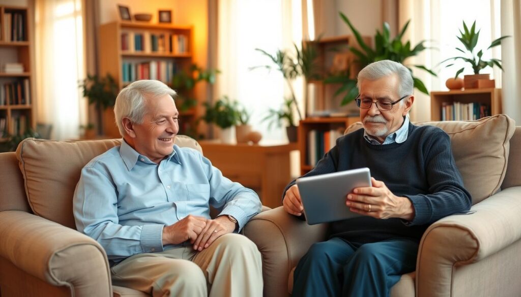 An elderly couple sitting comfortably in plush armchairs, reviewing Medicare replacement plan options on a tablet device. The room is softly lit with warm, natural light filtering through sheer curtains. The couple appears content and engaged, surrounded by bookshelves and houseplants that create a cozy, inviting atmosphere. The scene conveys a sense of trust, thoughtfulness, and the importance of making informed decisions about healthcare coverage in the twilight years. An elderly couple sitting comfortably in plush armchairs, reviewing Medicare replacement plan options on a tablet device. The room is softly lit with warm, natural light filtering through sheer curtains. The couple appears content and engaged, surrounded by bookshelves and houseplants that create a cozy, inviting atmosphere. The scene conveys a sense of trust, thoughtfulness, and the importance of making informed decisions about healthcare coverage in the twilight years.