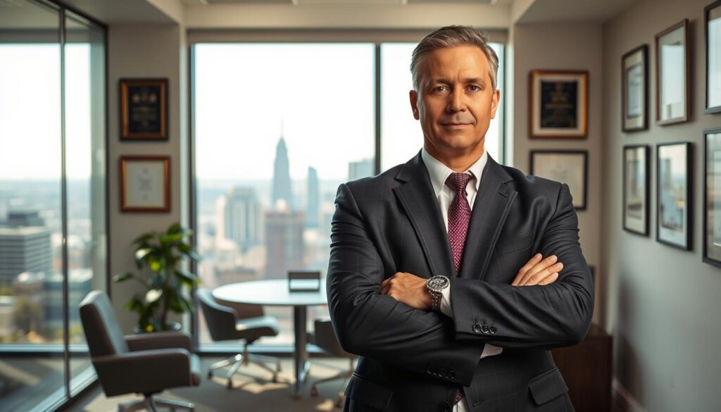 An image of a successful truck accident attorney in Savannah, GA, standing confidently in their office. The foreground features the attorney in a well-tailored suit, arms crossed, with a determined expression. The middle ground showcases a modern, well-appointed office with floor-to-ceiling windows overlooking the historic city skyline. The background subtly implies the attorney's expertise and track record, with framed awards, certificates, and law degrees adorning the walls. The lighting is warm and natural, creating a professional yet approachable atmosphere. The overall composition conveys the attorney's competence, experience, and commitment to serving truck accident victims in Savannah, GA.
