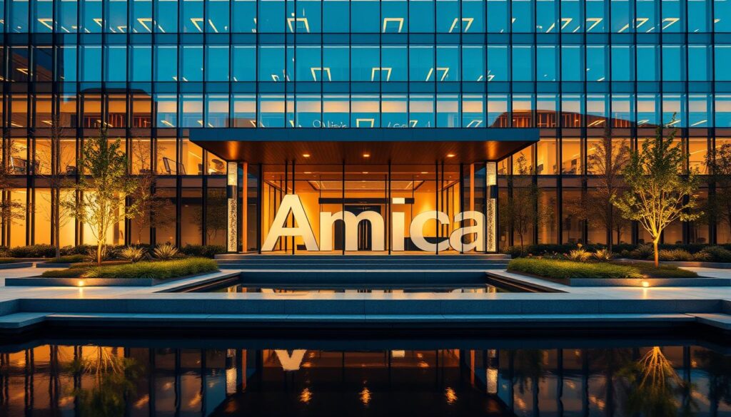 An overview of Amica Life Insurance Company depicted as a sleek, modern corporate office building. The structure features a minimalist glass and steel facade, with clean lines and a sophisticated aesthetic. The entrance is framed by a prominent Amica logo in brushed aluminum. Surrounding the building are neatly manicured landscaping and a tranquil water feature that reflects the structure. The scene is illuminated by warm, indirect lighting that casts a welcoming glow. The overall composition conveys a sense of professionalism, stability, and trustworthiness associated with the Amica brand. An overview of Amica Life Insurance Company depicted as a sleek, modern corporate office building. The structure features a minimalist glass and steel facade, with clean lines and a sophisticated aesthetic. The entrance is framed by a prominent Amica logo in brushed aluminum. Surrounding the building are neatly manicured landscaping and a tranquil water feature that reflects the structure. The scene is illuminated by warm, indirect lighting that casts a welcoming glow. The overall composition conveys a sense of professionalism, stability, and trustworthiness associated with the Amica brand.