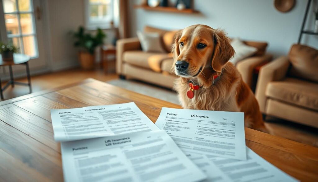 Detailed life insurance policies for a friendly golden retriever, set against a soft, blurred background of a cozy living room. The dog sits upright, adorned in a red collar, patiently examining the paperwork spread out on a sturdy oak table. Warm, natural lighting filters in through large windows, casting a gentle glow on the scene. The policies are clearly visible, highlighting comprehensive coverage for accidents, illnesses, and routine care. An atmosphere of trust, security, and responsible pet ownership pervades the image. Detailed life insurance policies for a friendly golden retriever, set against a soft, blurred background of a cozy living room. The dog sits upright, adorned in a red collar, patiently examining the paperwork spread out on a sturdy oak table. Warm, natural lighting filters in through large windows, casting a gentle glow on the scene. The policies are clearly visible, highlighting comprehensive coverage for accidents, illnesses, and routine care. An atmosphere of trust, security, and responsible pet ownership pervades the image.