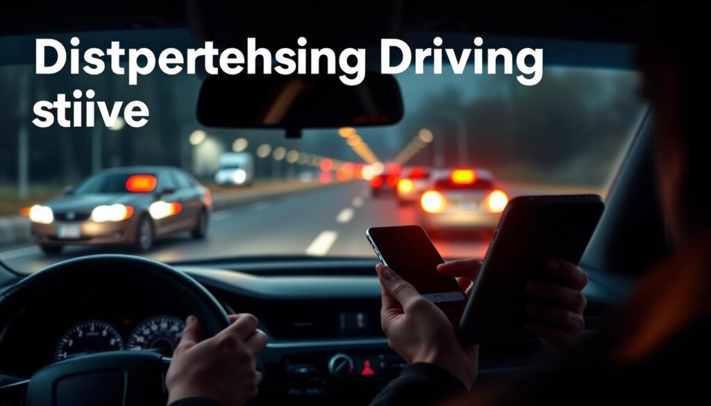 High-contrast, photorealistic image of distracted driving statistics, featuring a driver holding a smartphone in the foreground, with a dashboard and road in the middle ground, and blurred traffic in the background. The lighting is dramatic, with a strong directional light source casting shadows. The camera angle is slightly elevated, giving a sense of detachment and emphasizing the dangerous nature of the situation. The overall mood is one of urgency and concern, underscoring the serious consequences of distracted driving.