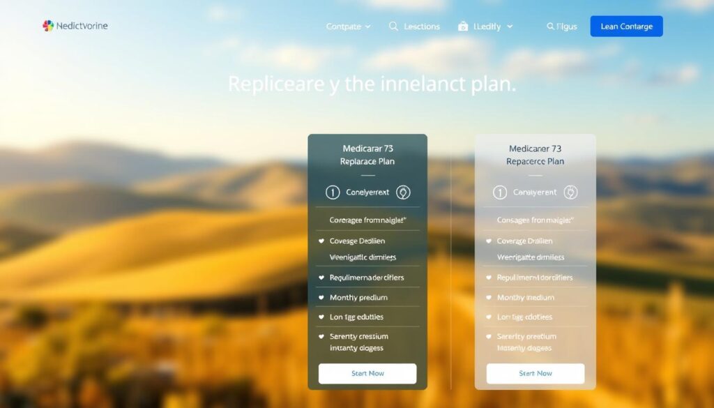 a detailed comparison of medicare replacement insurance plans displayed on a modern, minimalist website interface. in the foreground, three plan options are shown side-by-side, each with clear icons and information about coverage, deductibles, and monthly premiums. the background features a serene, blurred landscape with rolling hills and a blue sky. warm, natural lighting bathes the scene, creating a calming, trustworthy atmosphere. the overall design is clean, organized, and easy to navigate, emphasizing the benefits of researching and selecting the right medicare replacement plan. a detailed comparison of medicare replacement insurance plans displayed on a modern, minimalist website interface. in the foreground, three plan options are shown side-by-side, each with clear icons and information about coverage, deductibles, and monthly premiums. the background features a serene, blurred landscape with rolling hills and a blue sky. warm, natural lighting bathes the scene, creating a calming, trustworthy atmosphere. the overall design is clean, organized, and easy to navigate, emphasizing the benefits of researching and selecting the right medicare replacement plan.