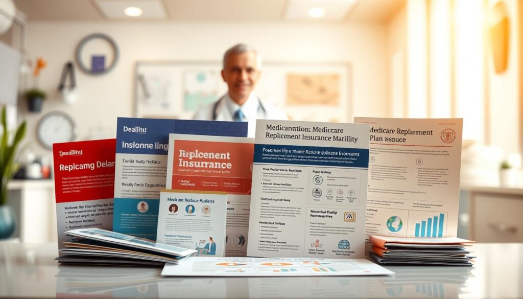 a highly detailed, photorealistic illustration of various medicare replacement insurance plans, shown in the foreground against a blurred background of a doctor's office or medical clinic. The plans are depicted as colorful brochures, documents, and icons, arranged neatly on a desk or table, with a warm, soft lighting illuminating the scene. The overall mood is professional, informative, and accessible, conveying the importance and variety of medicare replacement insurance options available to seniors. The composition emphasizes the plans themselves, with a clean, organized layout that highlights the key features and benefits of each plan type. a highly detailed, photorealistic illustration of various medicare replacement insurance plans, shown in the foreground against a blurred background of a doctor's office or medical clinic. The plans are depicted as colorful brochures, documents, and icons, arranged neatly on a desk or table, with a warm, soft lighting illuminating the scene. The overall mood is professional, informative, and accessible, conveying the importance and variety of medicare replacement insurance options available to seniors. The composition emphasizes the plans themselves, with a clean, organized layout that highlights the key features and benefits of each plan type.